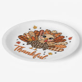 Thankful Turkey with Autumn Patchwork Feathers Pappteller (Schrägansicht)