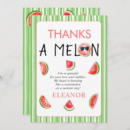 Thanks a Melon watercolor watermelon 1st birthday Dankeskarte (Vorne/Hinten)