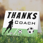Thanks Coach Soccer Player Thank you Card Dankeskarte<br><div class="desc">Thanks Coach Soccer Player Thank you Card. Black soccer player in action silhouette,  the soccer balls on the playfield. Thank you card for a soccer coach,  soccer mom,  soccer dad,  kids high school sports coach, ...  Thank your sports coach.</div>