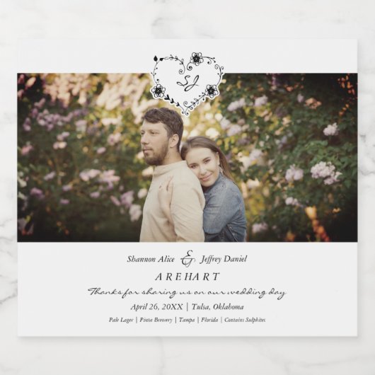 Thanks Floral Heart Wedding Photo Engaged Couple Bierflaschenetikett (Einzelnes Label)