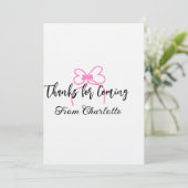 thanks for coming add name text message pink bow f einladung (Stehend Vorderseite)