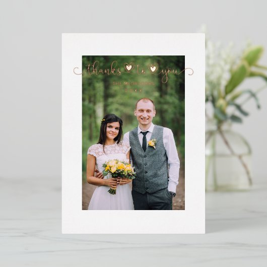 Thanks Wedding Rose Gold Heart Whimsical Script Folieneinladung (Stehend vorne)