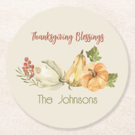 'Thanksgiving Blessings' Watercolor Personalized  Runder Pappuntersetzer