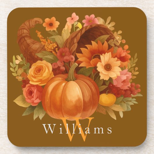 Thanksgiving Cornucopia Monogram Getränkeuntersetzer (Vorderseite)