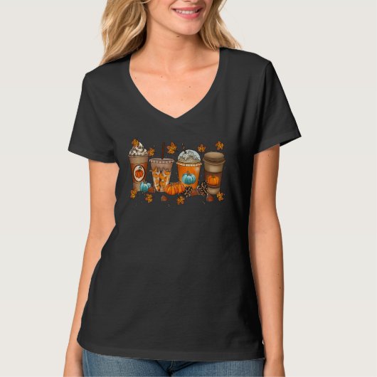 Thanksgiving Cute Latte Coffee Pumpkin Fall Leaf T T-Shirt (Vorderseite)