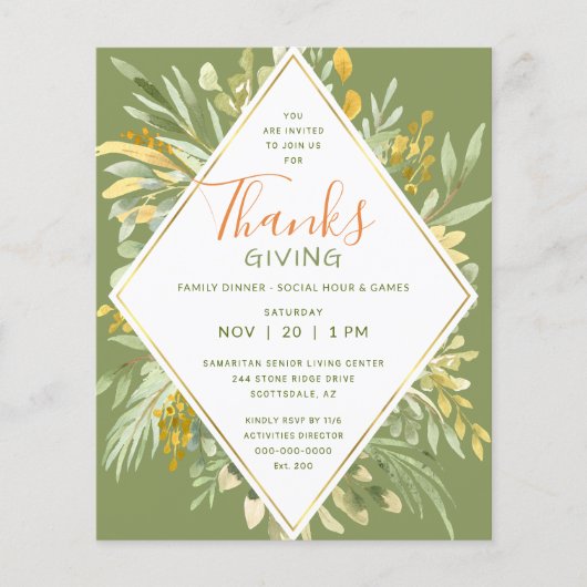 Thanksgiving Dinner Elegant Gold Leaves Greenery Flyer (Vorne)