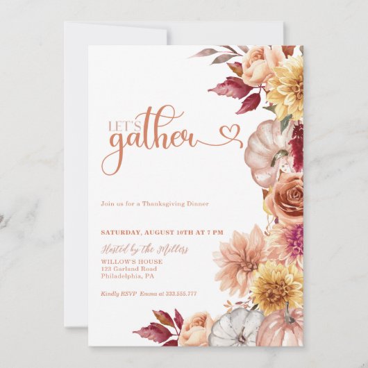 Thanksgiving Dinner Invite Pumpikns and flowers Einladung (Vorderseite)