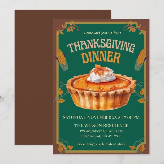Thanksgiving Dinner Pumpkin pie Brown  Einladung (Vorne/Hinten)