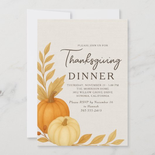 Thanksgiving Dinner Pumpkin Rustic Linen Einladung (Vorderseite)