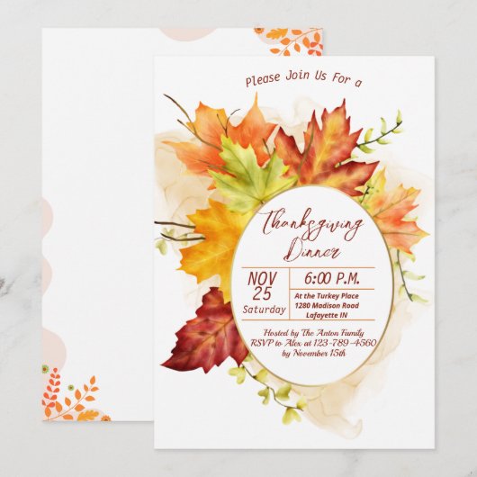 Thanksgiving Fall Leaves Dinner Invitation Einladung (Vorne/Hinten)