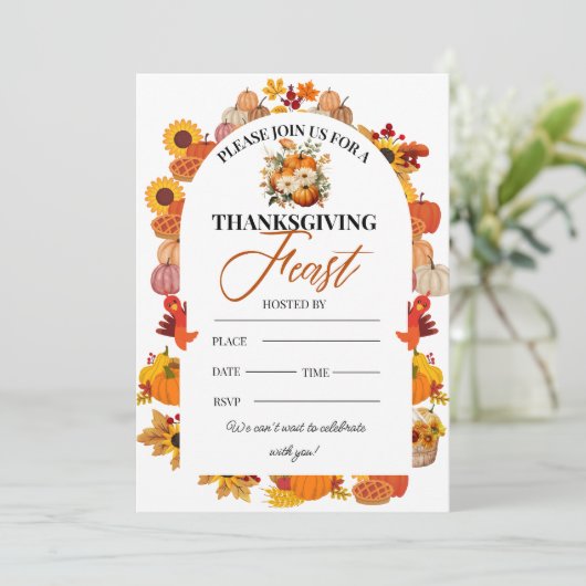 Thanksgiving Feast Invitation Autumn Floral Einladung (Stehend Vorderseite)