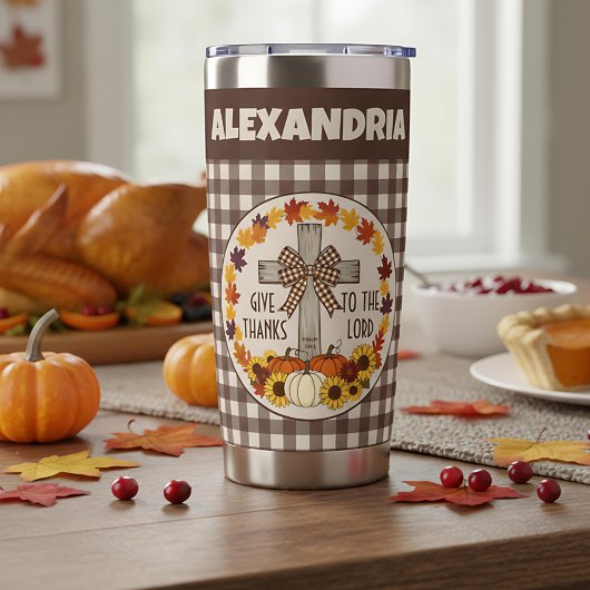 Thanksgiving Give Thanks To The Lord Brown Plaid Thermobecher