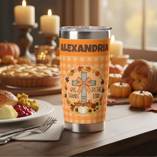 Thanksgiving Give Thanks To The Lord Orange Plaid Thermobecher