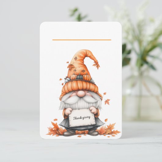 Thanksgiving Gnome Place Card with Floral Back (Stehend Vorderseite)