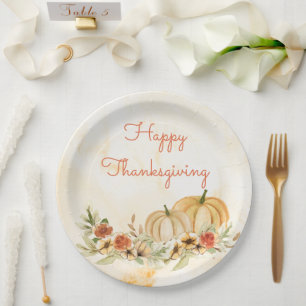 Thanksgiving-Kürbisse Floral Wasserfarbe Schrift Pappteller
