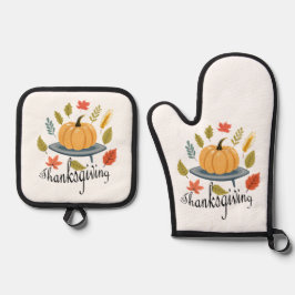 Thanksgiving Leaves and Pumpkin in Autumn colors Ofenhandschuh & Topflappen-Set