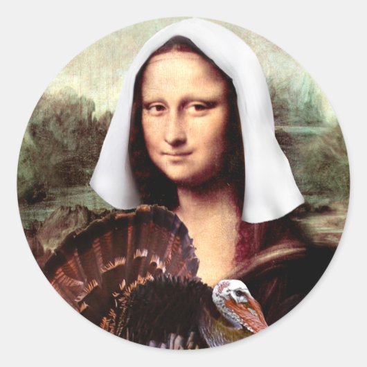 Thanksgiving Mona Lisa Pilgrim with Turkey Runder Aufkleber (Vorderseite)