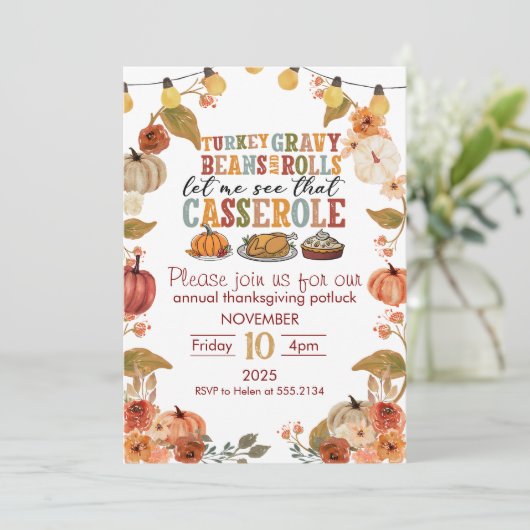 Thanksgiving Potluck Invitation Rustic Fall Party Einladung (Stehend Vorderseite)