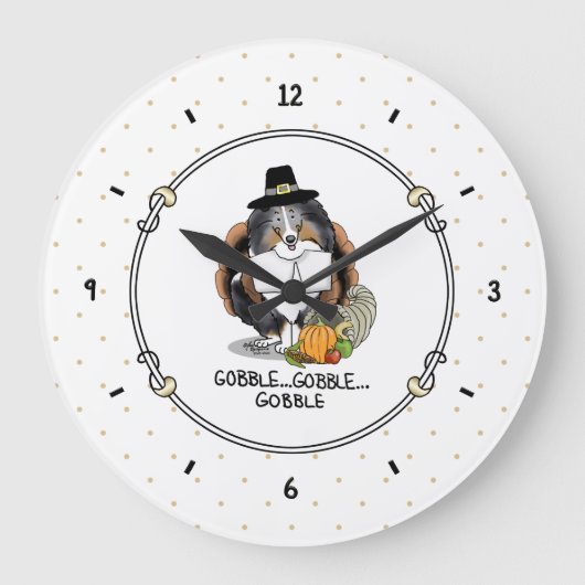 Thanksgiving Shetland Sheepdog (blue merle) Funny Große Wanduhr (Vorderseite)