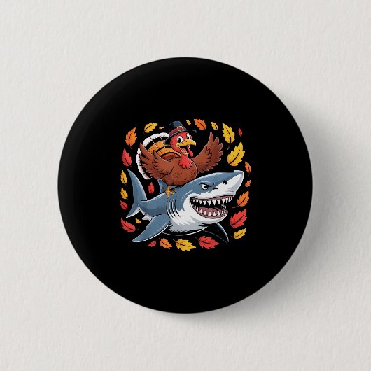 Thanksgiving Turkey Riding Shark Funny Autumn Boys Button (Vorderseite)
