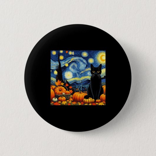 Thanksgiving Van Gogh Starry Night Black Cat Pumpk Button (Vorderseite)