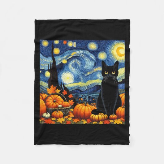 Thanksgiving Van Gogh Starry Night Black Cat Pumpk Fleecedecke (Vorderseite)