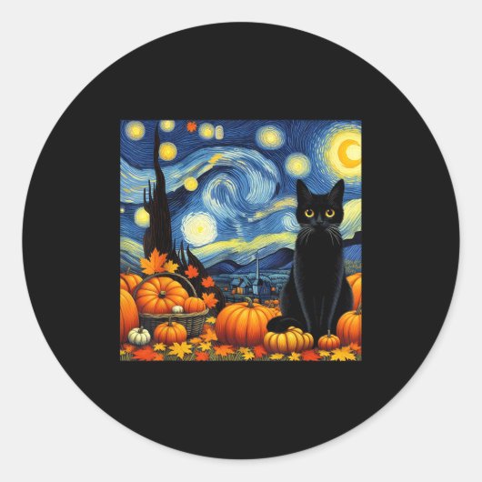 Thanksgiving Van Gogh Starry Night Black Cat Pumpk Runder Aufkleber (Vorderseite)