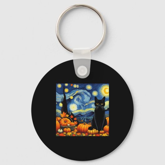 Thanksgiving Van Gogh Starry Night Black Cat Pumpk Schlüsselanhänger (Vorderseite)