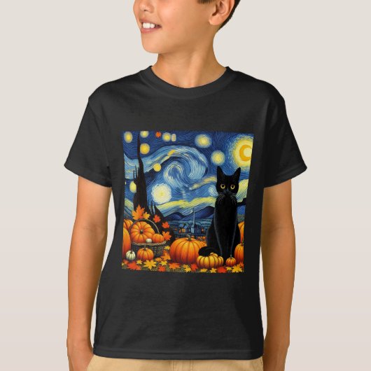 Thanksgiving Van Gogh Starry Night Black Cat Pumpk T-Shirt (Vorderseite)