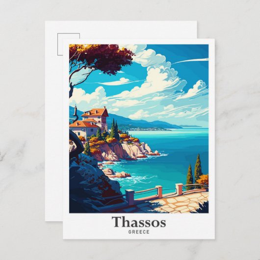 Thassos Griechenland Art Vintage Reise Illustratio Postkarte (Vorne/Hinten)