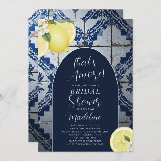 That's Amore Blue Tile Lemon Bridal Shower Einladung (Vorne/Hinten)