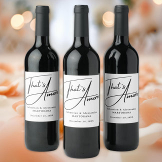 That's Amore! Elegant Black Script Wedding Weinetikett