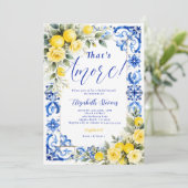That's Amore Lemon Blue Tile Floral Bridal Shower  Einladung (Stehend Vorderseite)