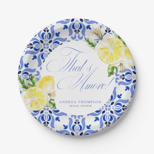 That's Amore Lemon Italian Blue Tile Bridal Shower Pappteller (Vorderseite)