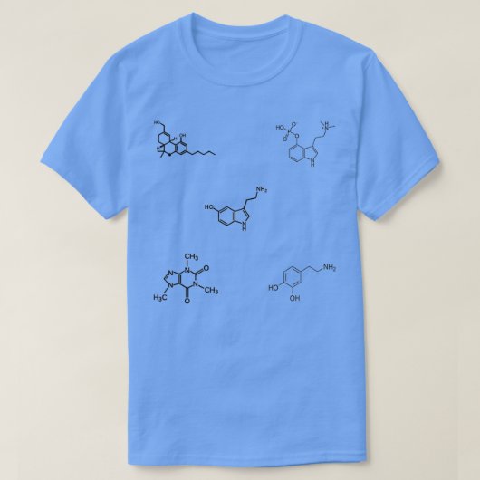 THC Psilocybin Koffein Serotonin Dopamin Molecul T-Shirt (Design vorne)