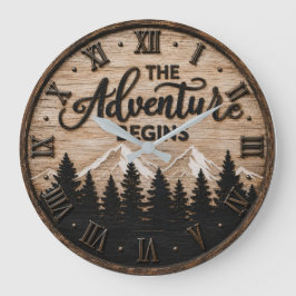 The Adventure Begins Rustic Mountain Cabin Große Wanduhr