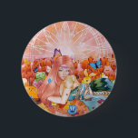 The Afternoon Button<br><div class="desc">Everything is pink and warm tones from the background to the young lady hair,  pink sky,  pink tulips,  stufftoys and etc 
Art title: The Afternoon
Medium: Mix Media (watercolor,  acrylic,  and colored pencils on watercolor paper camvas)
Size: 12 x 18 inch
Date: January 19,  2022</div>