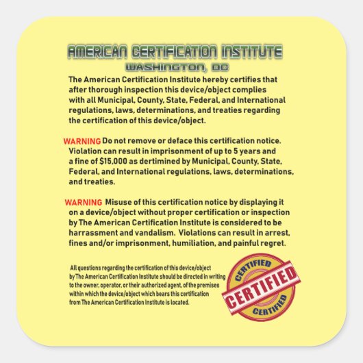 The American Certification Institute Quadratischer Aufkleber (Vorderseite)