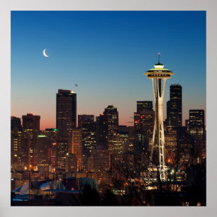 The American flag flies between the rising moon Poster