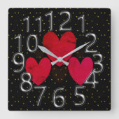 The-Art-of-Time Silver & Gold Stars mit roten Herz Quadratische Wanduhr (Vorderseite)