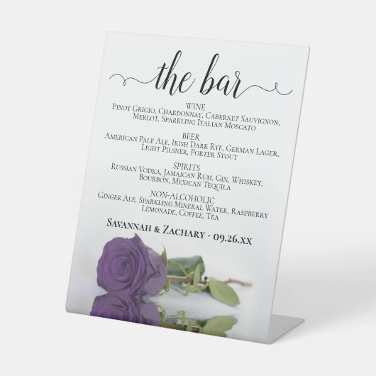 The Bar - Amethyst Lila Rose Drinks Menü Hochzeit Sockelschild (Vorderseite)