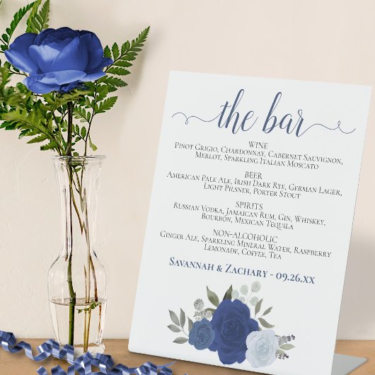 The Bar - Blue Boho Rose Drinks Menü Hochzeit Sockelschild