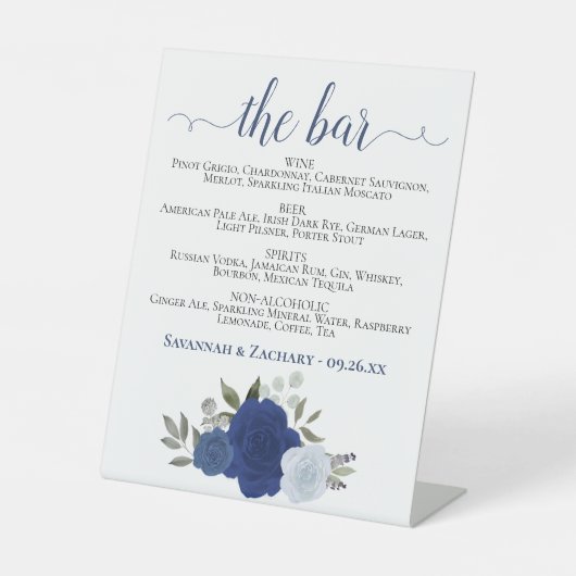 The Bar - Blue Boho Rose Drinks Menü Hochzeit Sockelschild (Vorderseite)