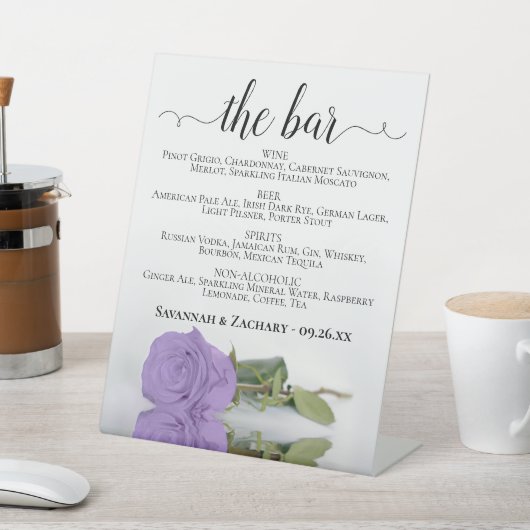 The Bar - Lavender Lila Rose Drinks Menü Hochzeit Sockelschild (In SItu)