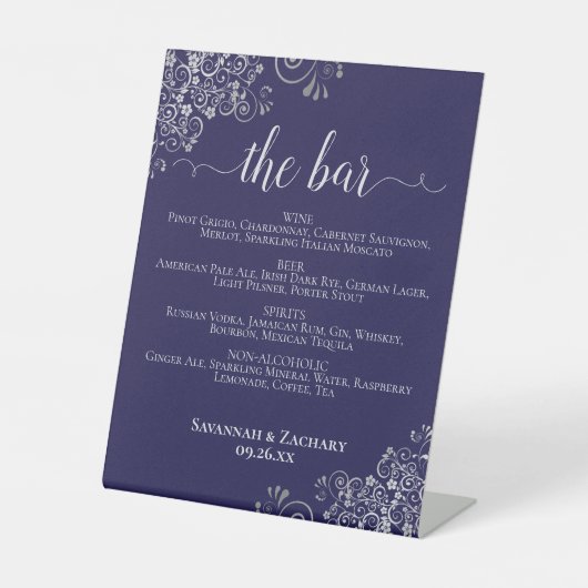The Bar - Navy Blue & Silver Drinks Menu Wedding Sockelschild (Vorderseite)
