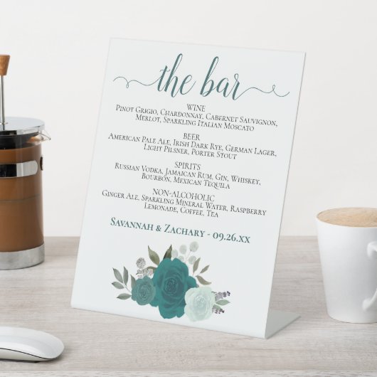 The Bar - Teal & Aqua Roses Drinks Menu Wedding Sockelschild (In SItu)