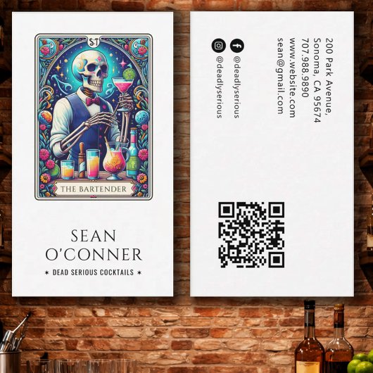 The Bartender Tarot Skeleton QR Visitenkarte