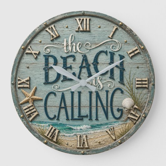 The Beach Is Calling Rustic Beach House Ocean Große Wanduhr (Vorderseite)