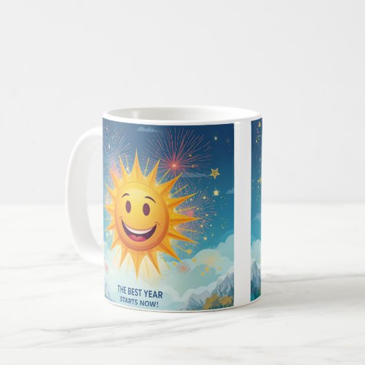 The Best Year Starts Now! Smiling Sun & Fireworks Kaffeetasse (Vorderseite Links)