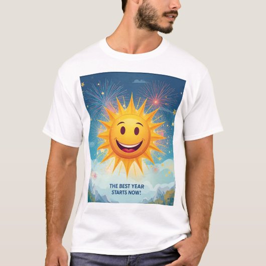 The Best Year Starts Now! Smiling Sun & Fireworks T-Shirt (Vorderseite)